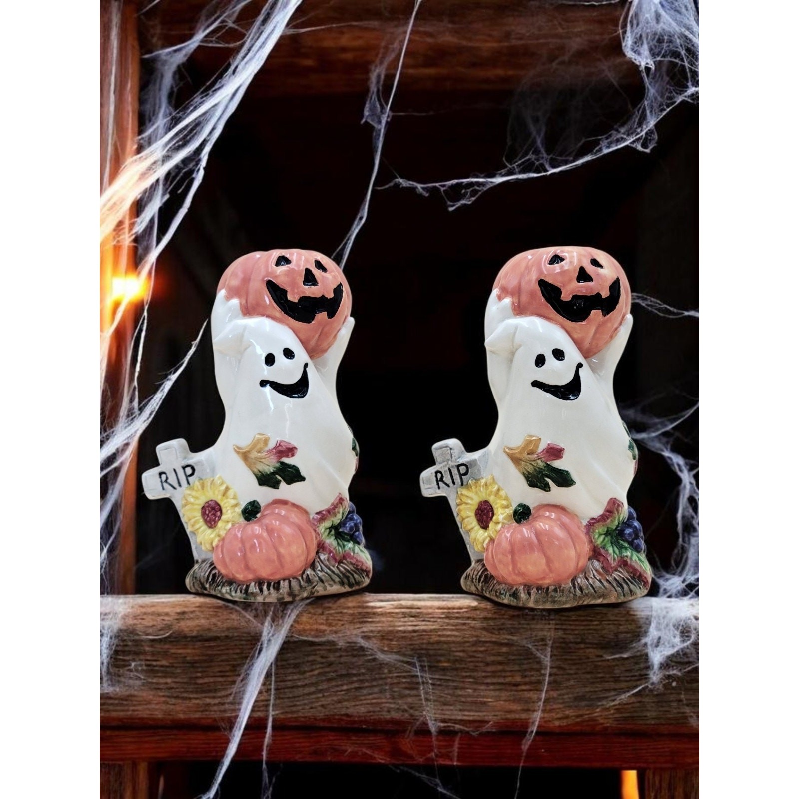 Vintage 1995 Fitz & Floyd GHOST/PUMPKINS Halloween Candle Holder Set Of 2