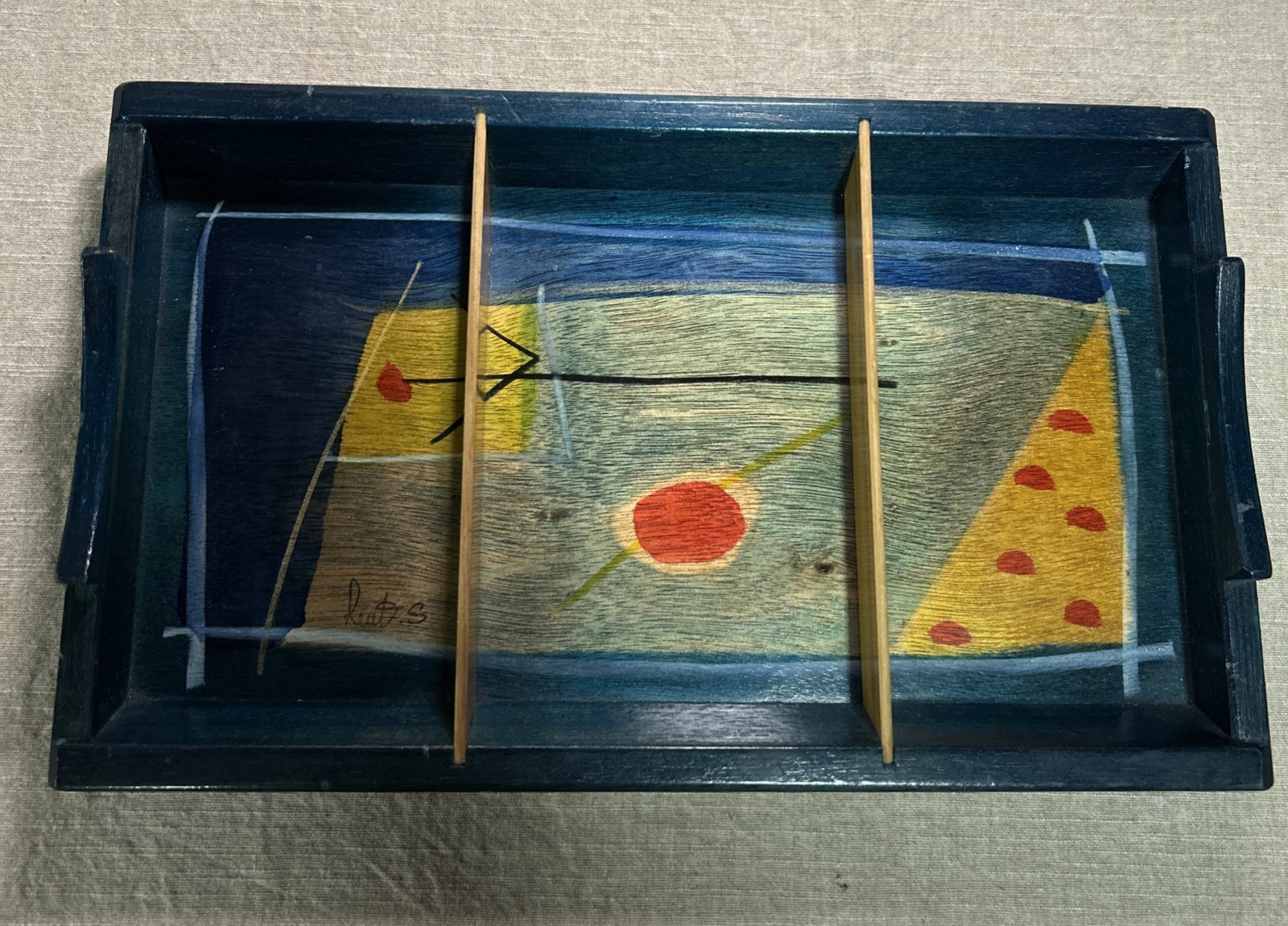 Handmade Israel Kakadu Art Glossy Painted Wood Tray Signed Reut S 13\