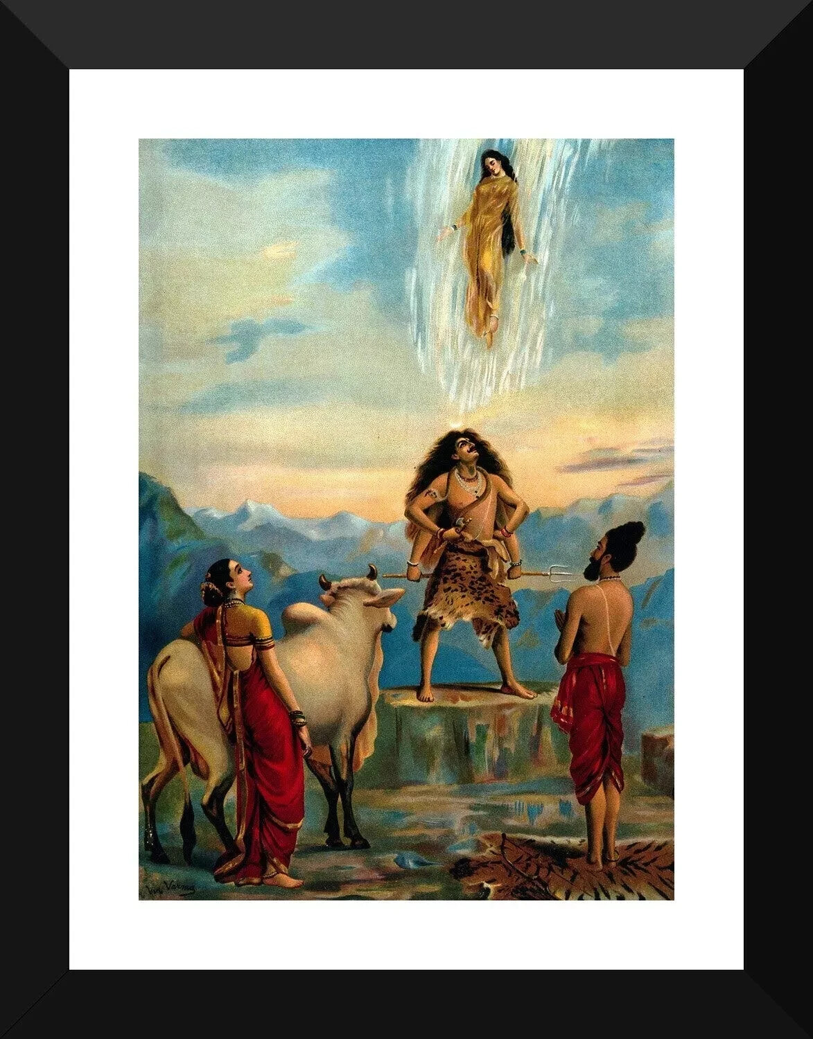 Descent of Ganga Vintage Ravi Varma Oleograph Print Framed Poster Paper 12 X 17