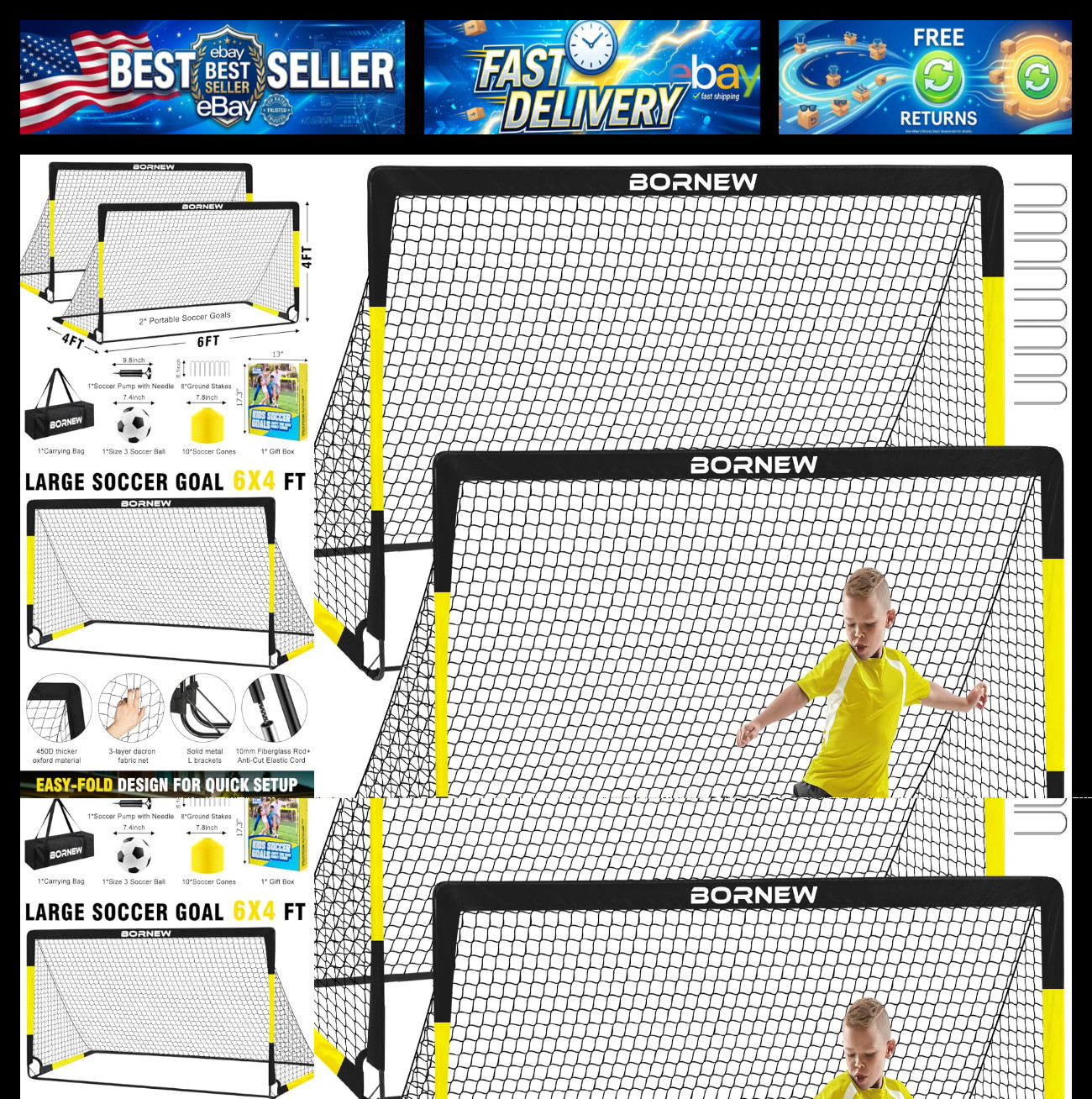 Kids Soccer Goal for Backyard Set - 2 Set of 7X5 / 6X4 ft Toddler Soccer Nets Tr