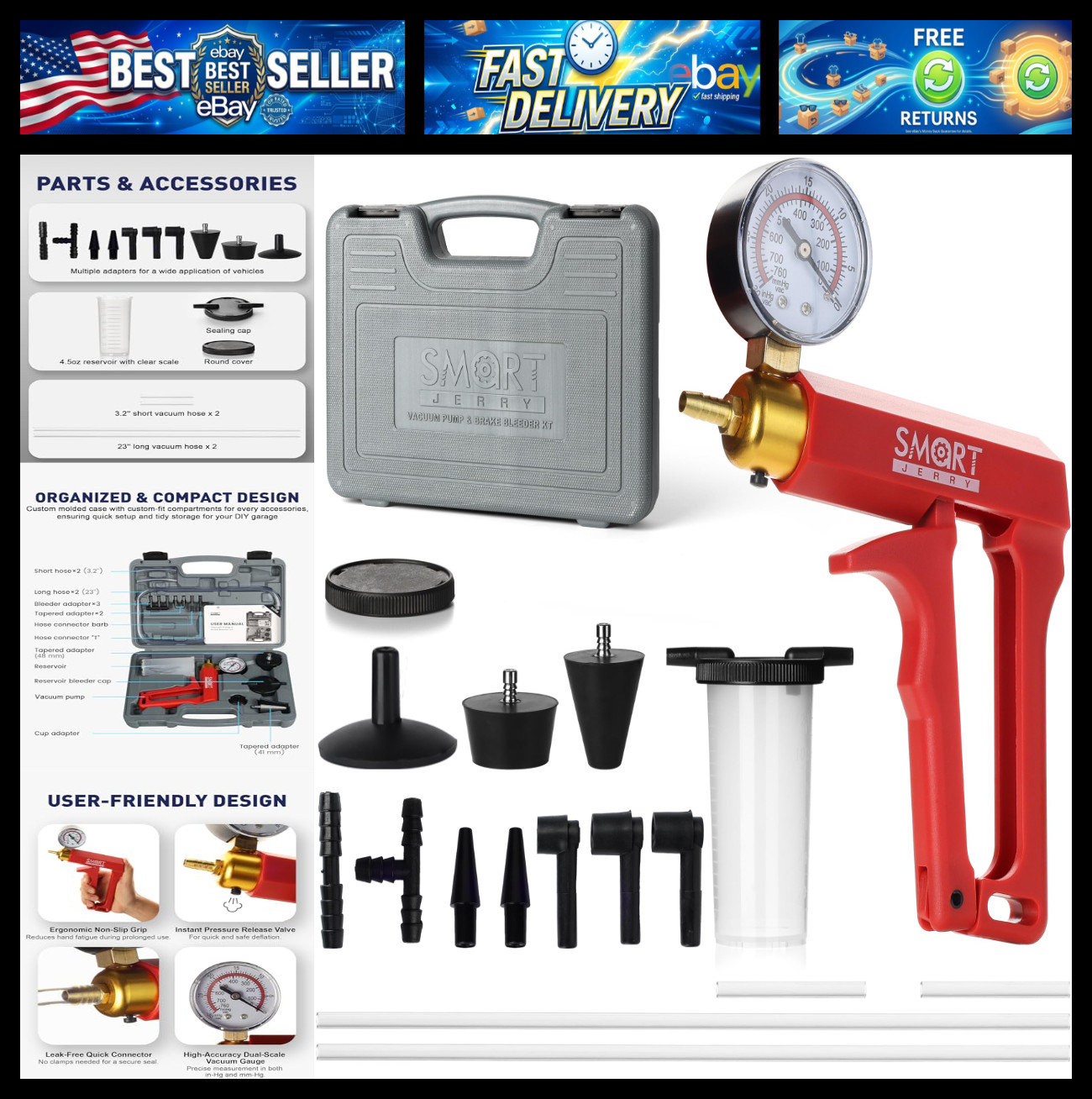 SMART JERRY - Brake Bleeder Kit with Hand Vacuum Pump | 17 Pcs Motorcycle Brake