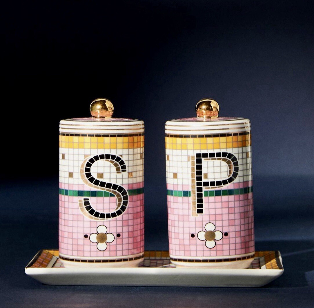 NEW ANTHROPOLOGIE BISTRO GARDEN TILE MOSAIC SALT PEPPER SHAKER 3PC SET BUTTERFLY