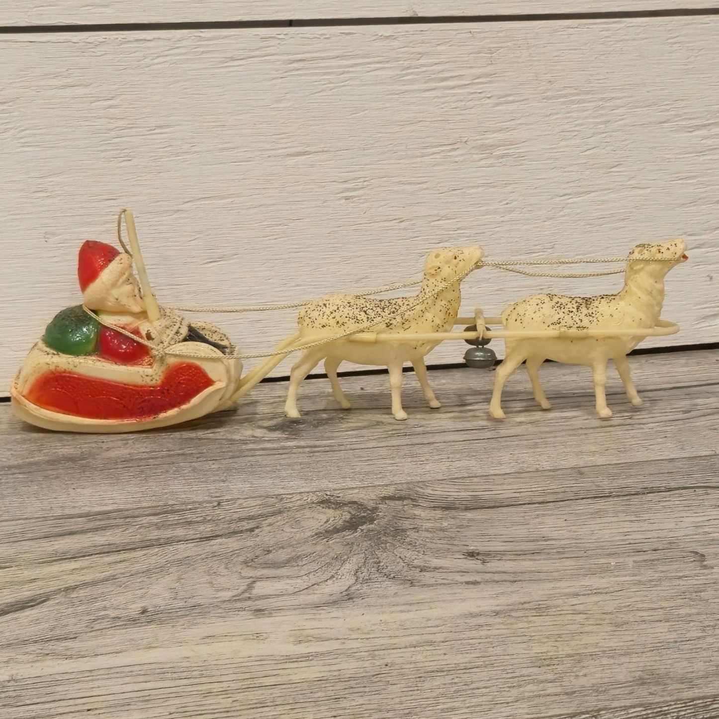Antique Celluloid Santa Sleigh & Reindeer Glitter Bells Christmas collectible