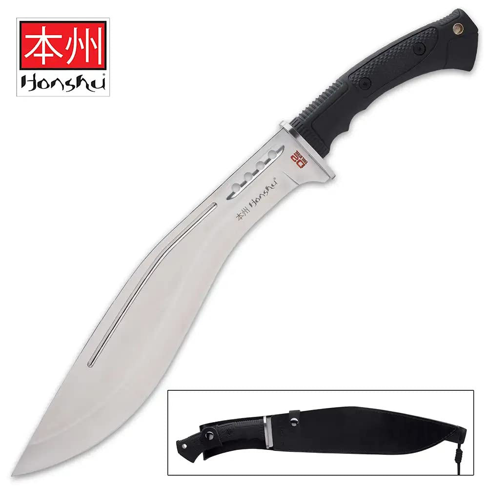 Honshu D2 Boshin Kukri and Sheath - D2 Tool Steel, Thru-Holes, Molded TPR Handle