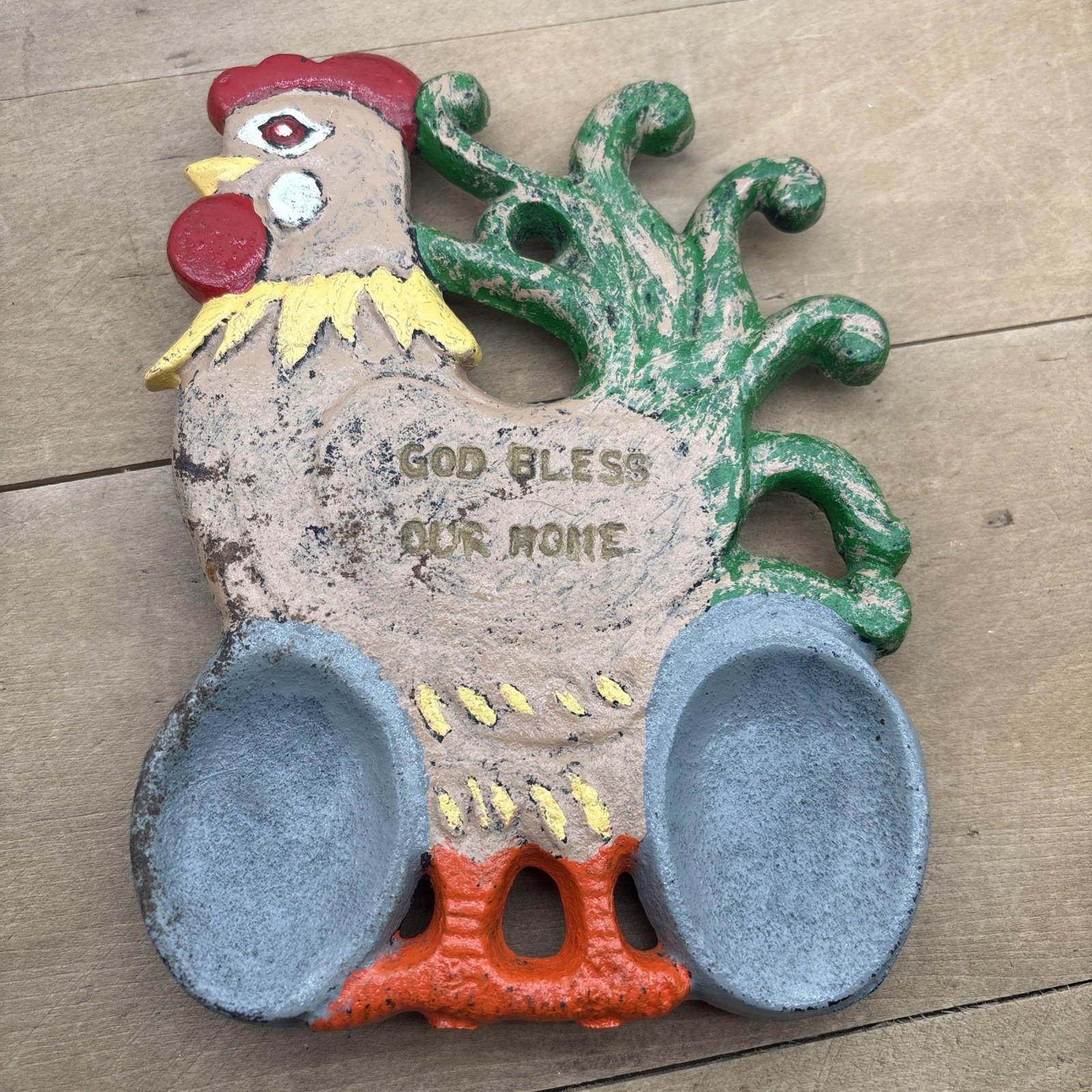 VTG Hand-painted Cast Iron Rooster Double Spoon Rest Trivet “God Bless Our Home”