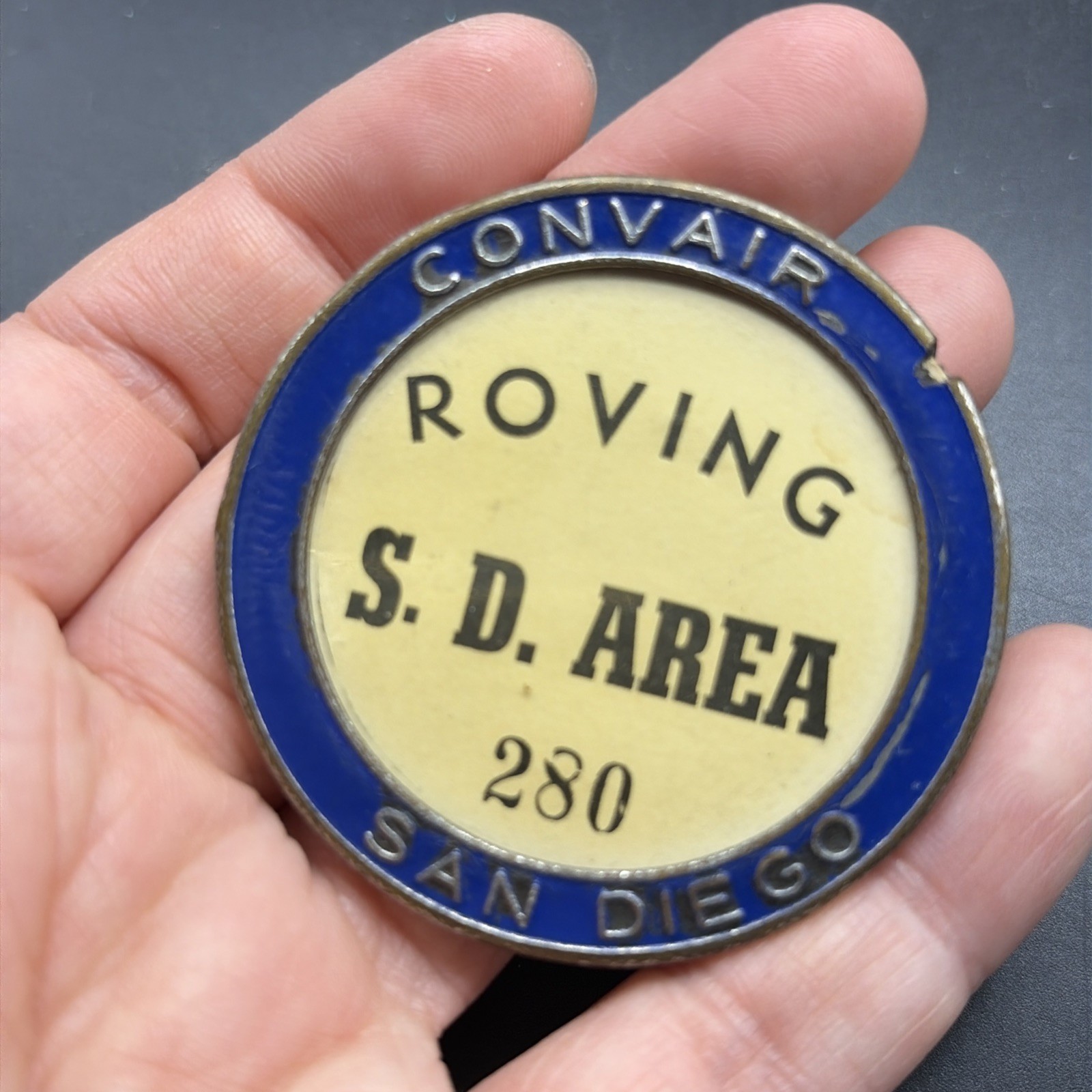Antique/vintage Convair Roving Employee Enamel Pin Badge San Diego 2”W