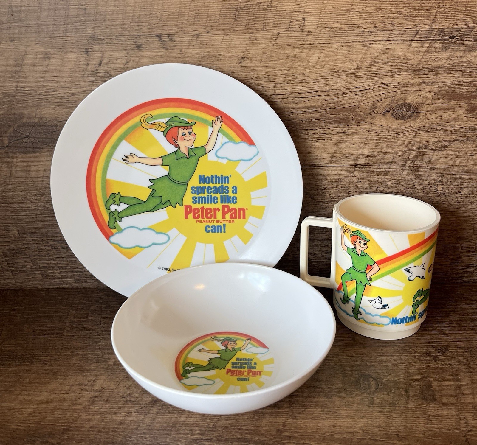 VTG 1983 Peter Pan Peanut Butter Plastic Cup Bowl & Plate Complete Set Kids NICE