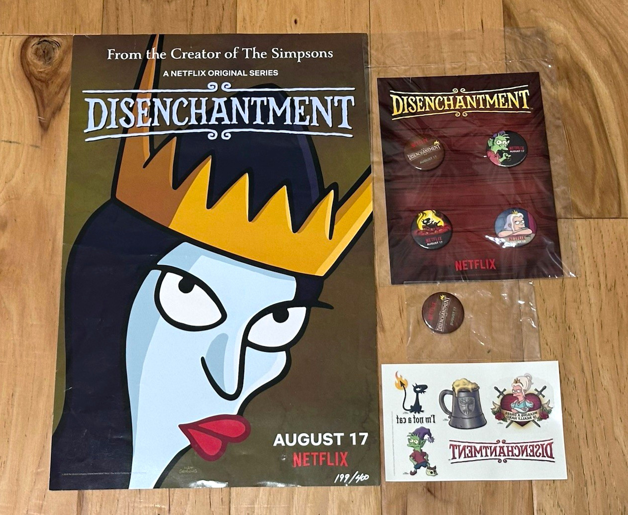 2018 SDCC Disenchantment Netflix Promo Lot Poster #199 Buttons Temp Tattoos