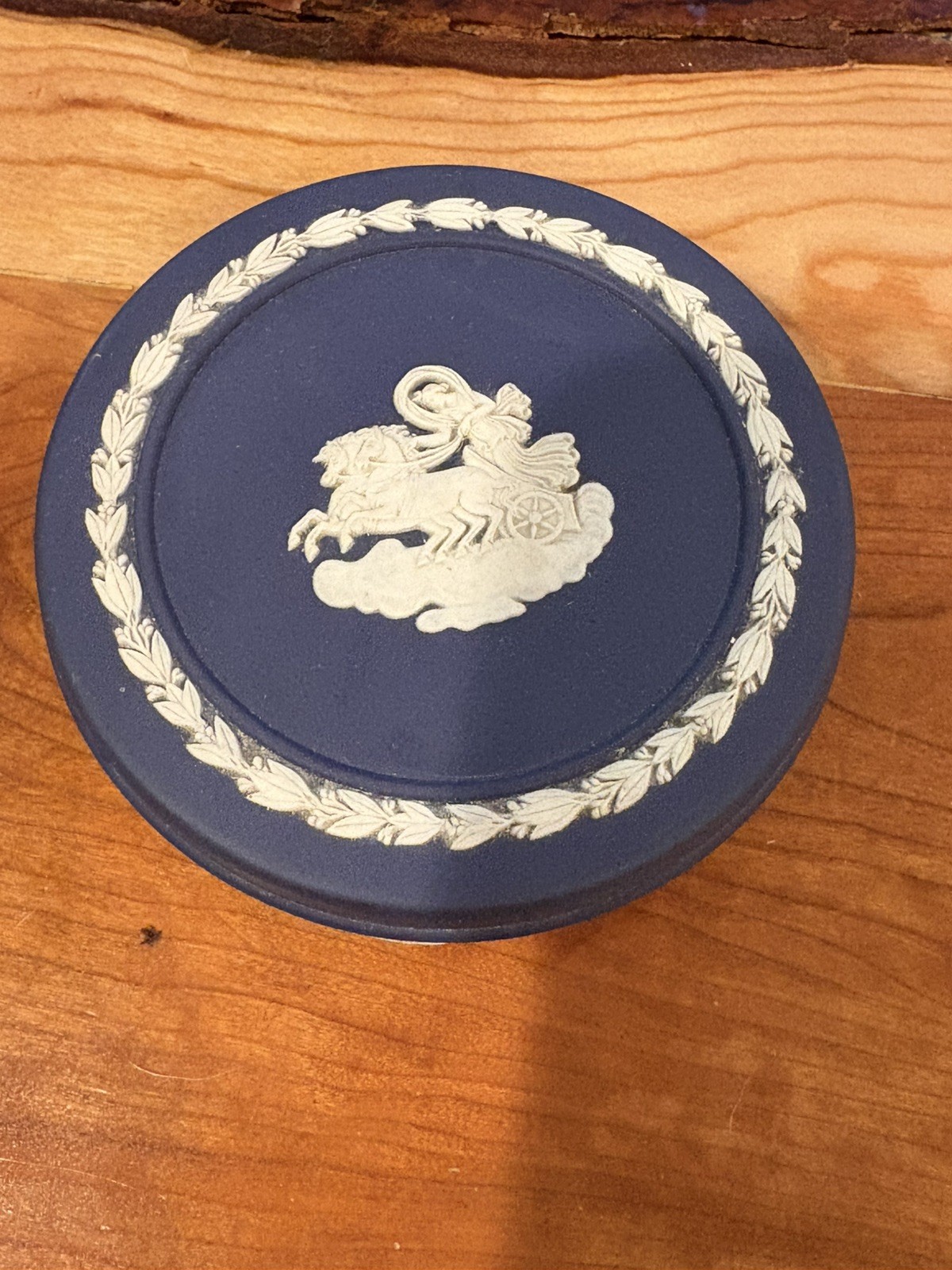 Vintage Blue Wedgewood Chariot Round Trinket Box Jasperware Roman Horse