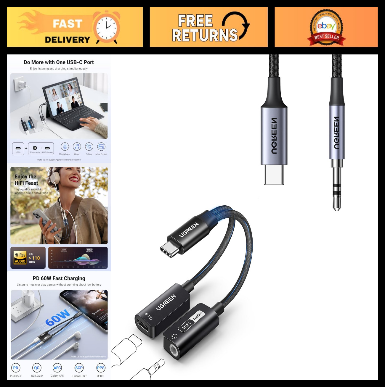 UGREEN Magnetic USB C to 3.5mm Audio Adapter and Charger 2 in 1 Hi-Res 32bit/384