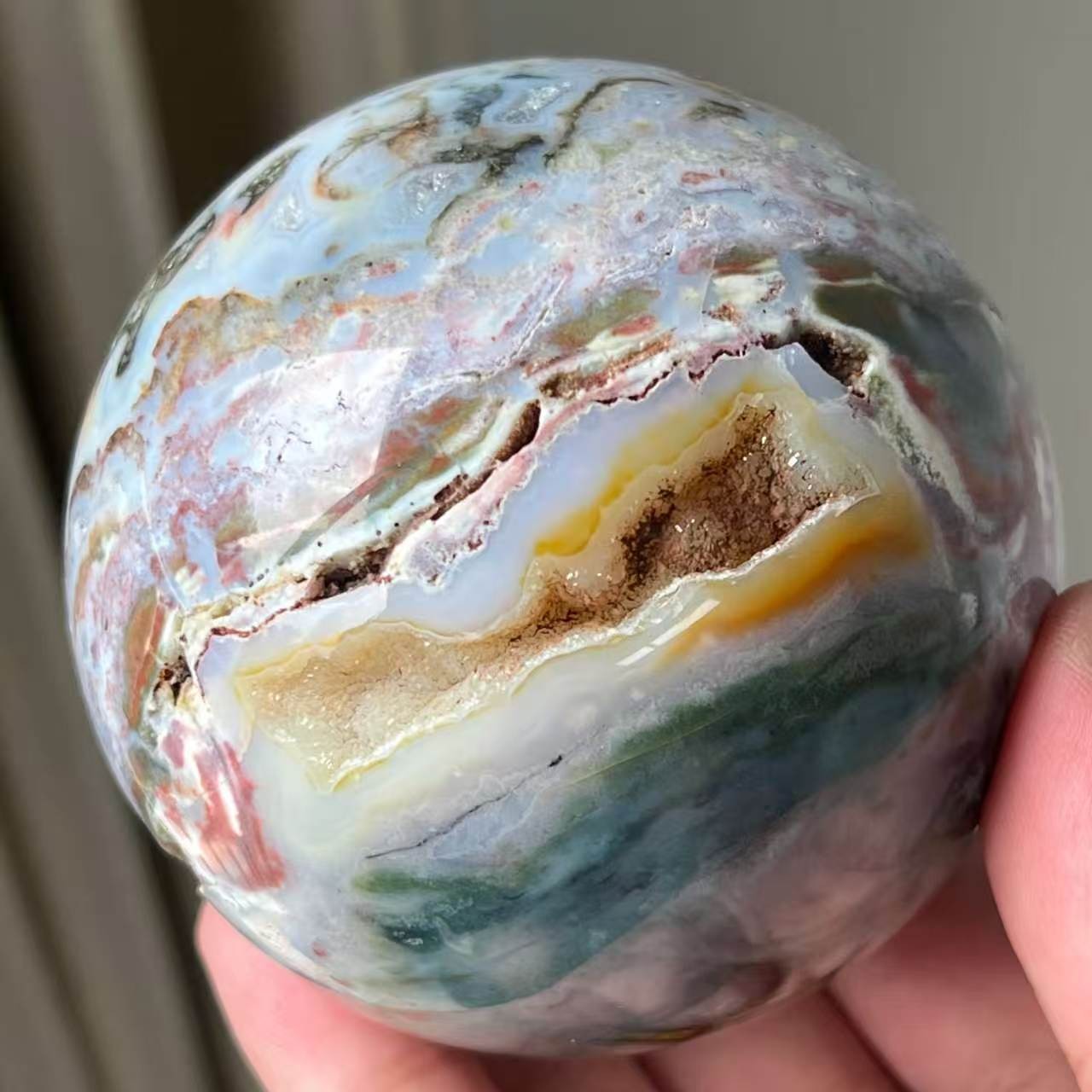 530g 74mm Natural Ocean Jasper Sphere Crystal Pink Geode Ball Healing Decor