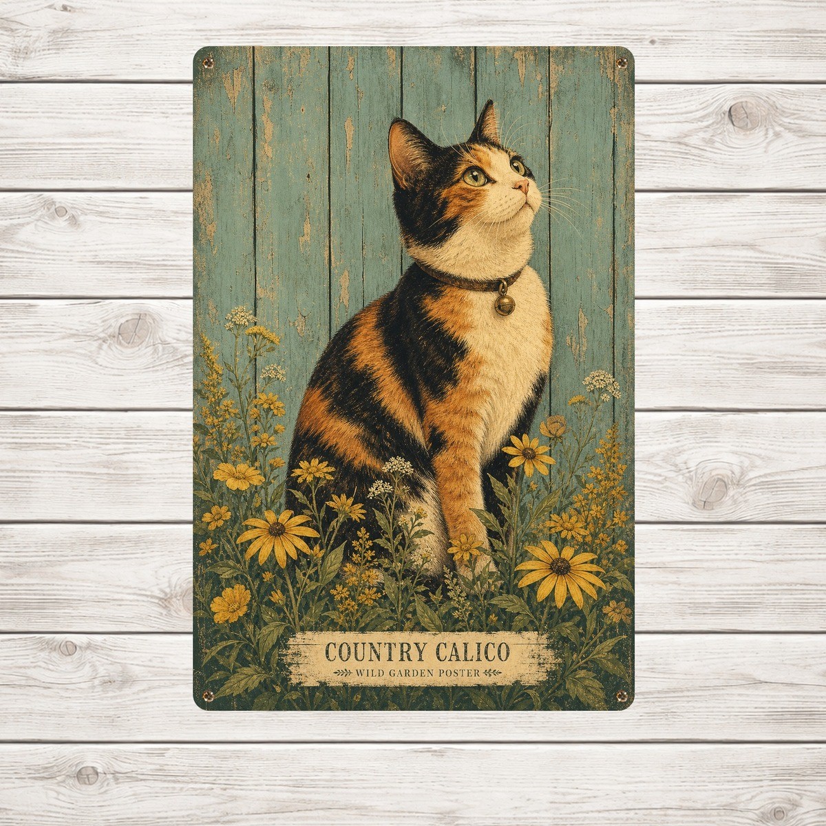 Yellow Wildflowers Calico Cat Tin Sign Weathered Cat Lover Metal Plaque