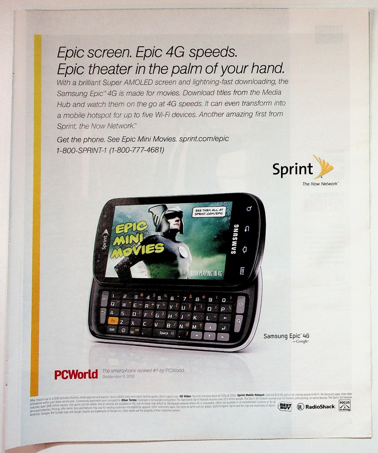 Samsung Sprint Epic 4G Phone 2010 Vintage Magazine Ad PCWorld Full Page Print