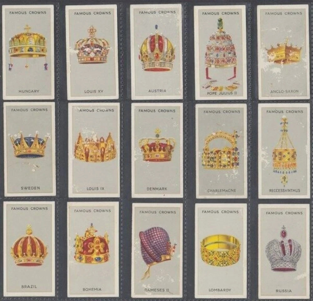 1938 GODFREY PHILLIPS LTD. FAMOUS CROWNS 25 TOBACCO CARD SET