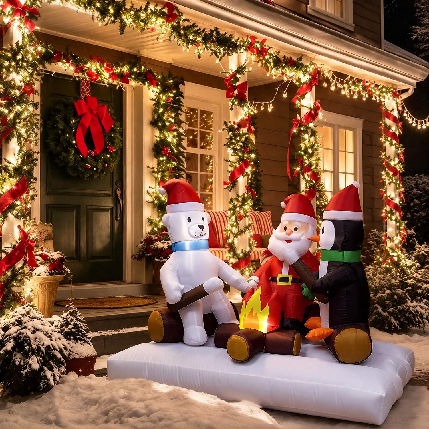 6 FT Christmas Campfire Inflatable W/ Santa Polar Bear & Penguin