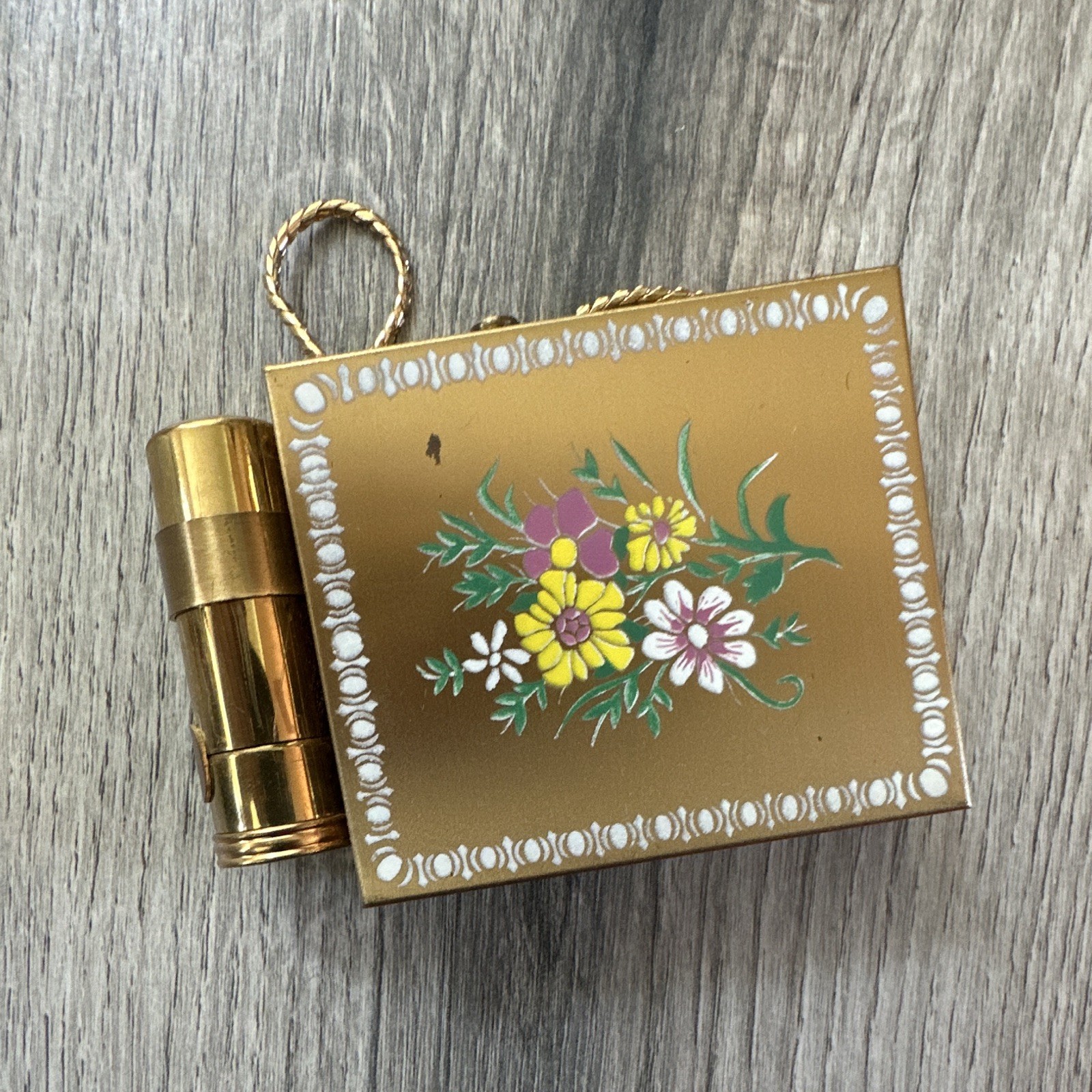 Vintage 1950s Hand-Painted Floral Carryall Compact Purse with Attached Lipstick