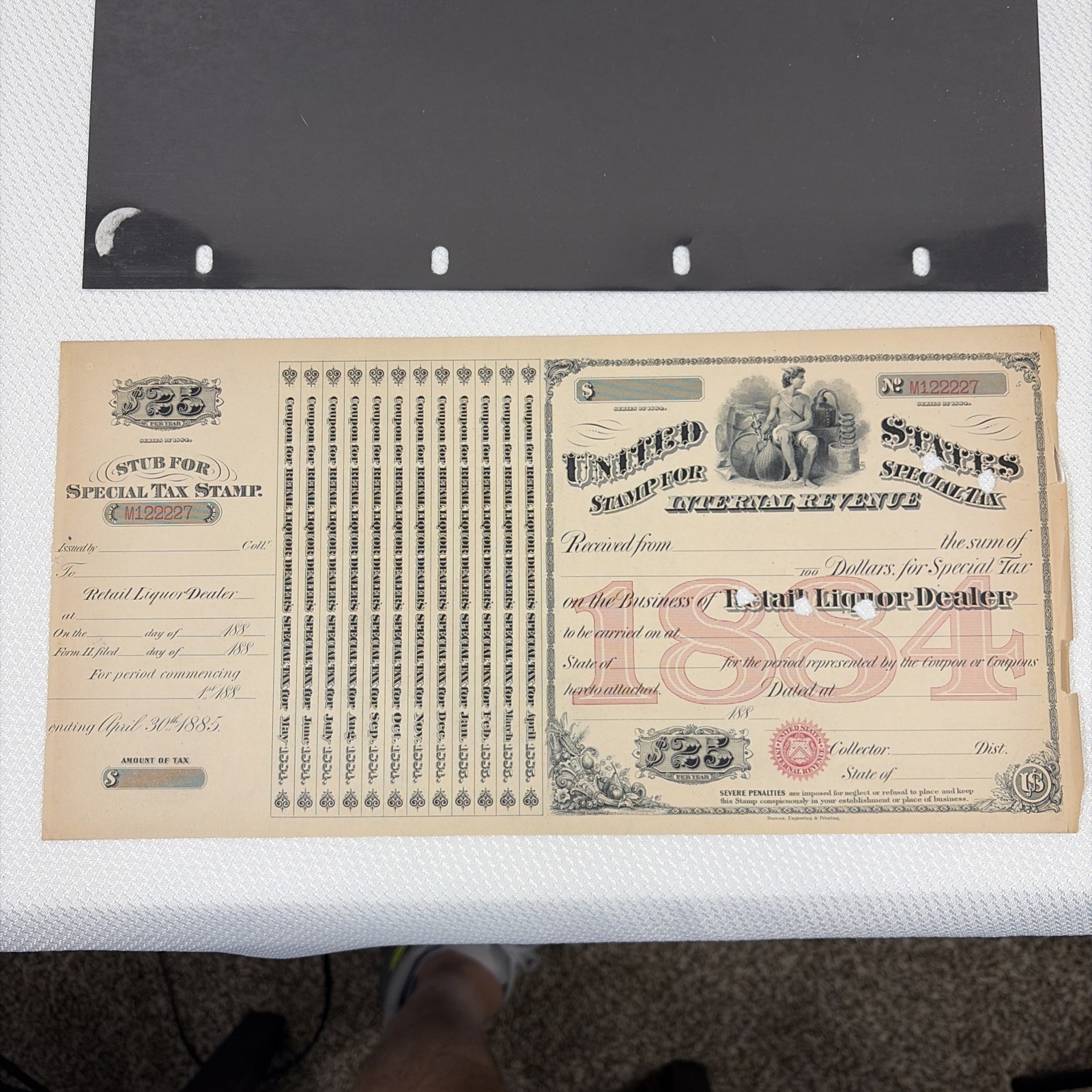ANTIQUE 1884 US RETAIL LIQUOR DEALER $25 TAX STAMP LIQUOR LICENSE