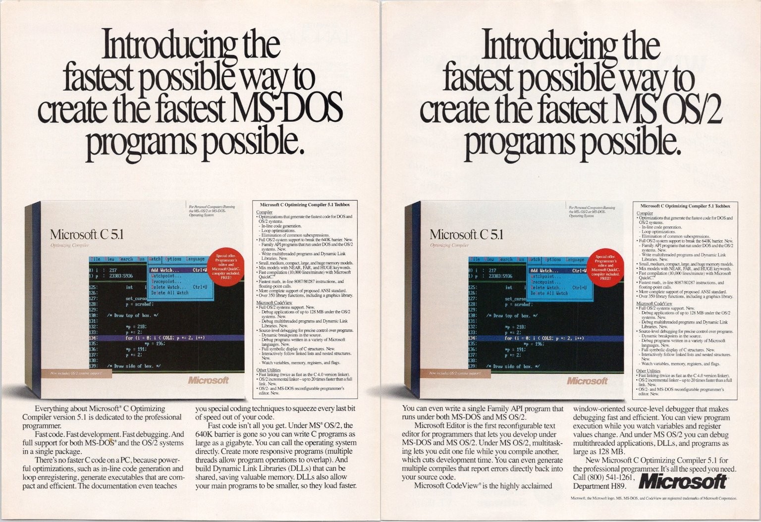 Microsoft C 5.1 Optimizing Compiler 1988 Vintage Print Ad MS-DOS OS/2