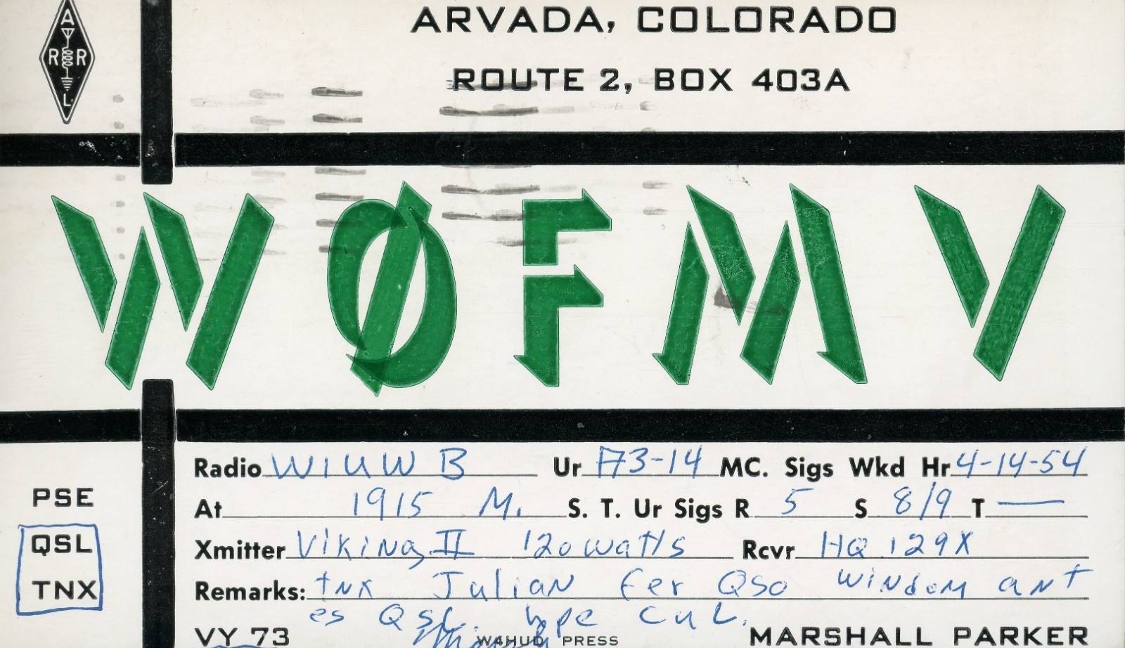 Vintage Amateur Radio QSL Postcard, 1954, W0FMV, Arvada, CO, Scott #806