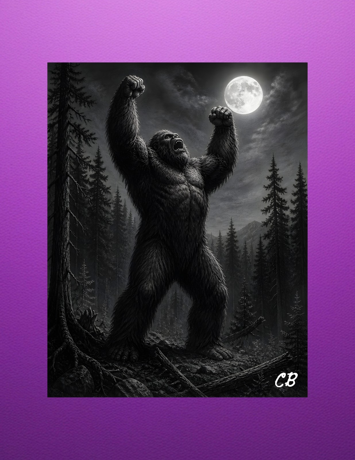 Bigfoot Full Moon Roar ACEO | Black White Cryptid Horror | Forest Beast Card