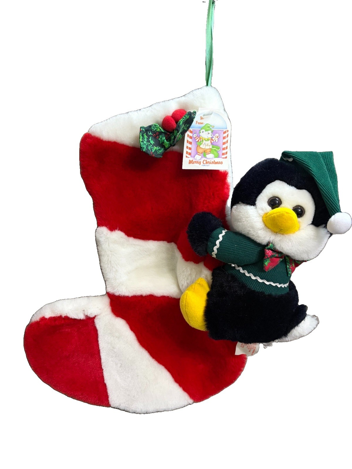 Vintage 1995 3D Penguin Candy Cane Christmas Stocking