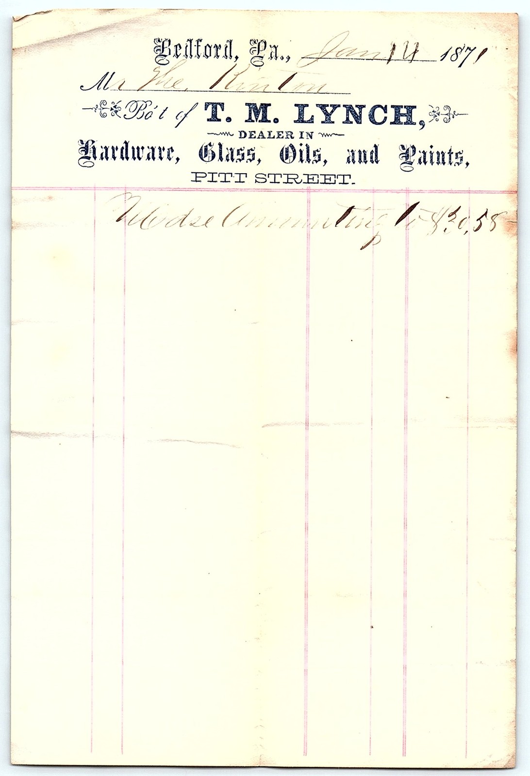 1871 T.M. Lynch Bedford PA Hardware & Paint Billhead