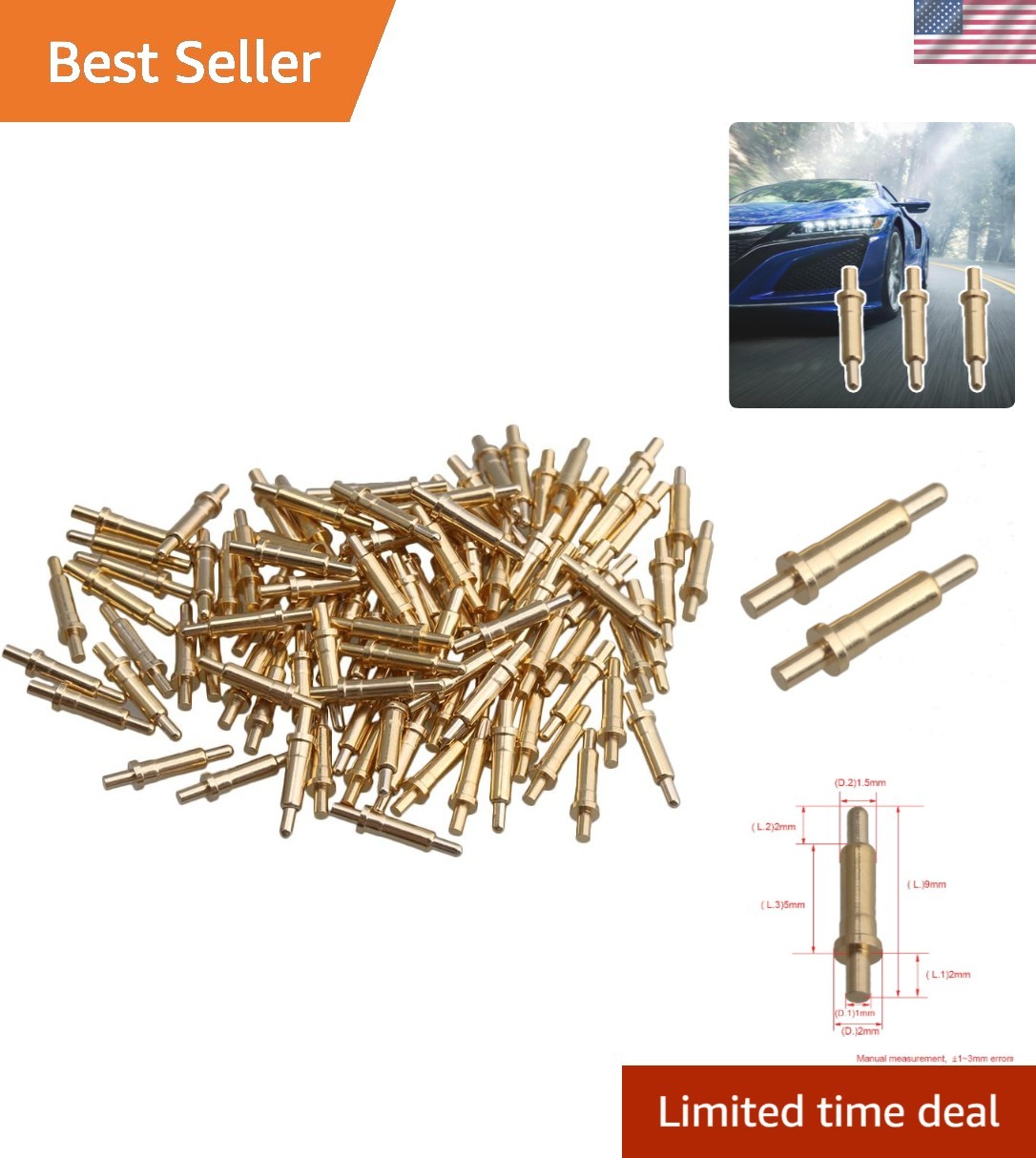 100Piece Gold Plated Spring Loaded Probe Thimble Pogo Pin 2mm Pin
