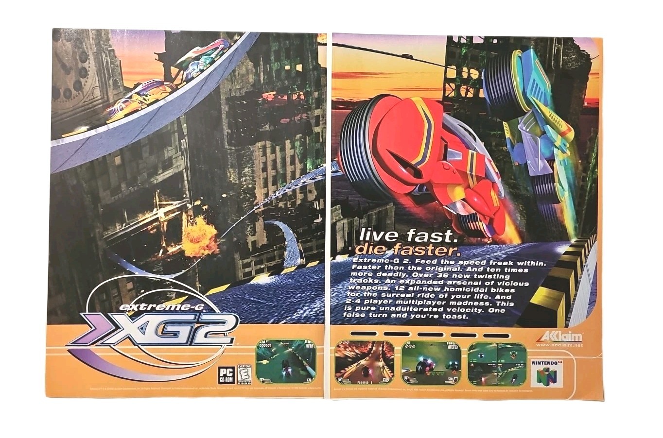1998 Extreme-G 2 Nintendo 64 Original Acclaim 2 Page Print Ad - 10.5