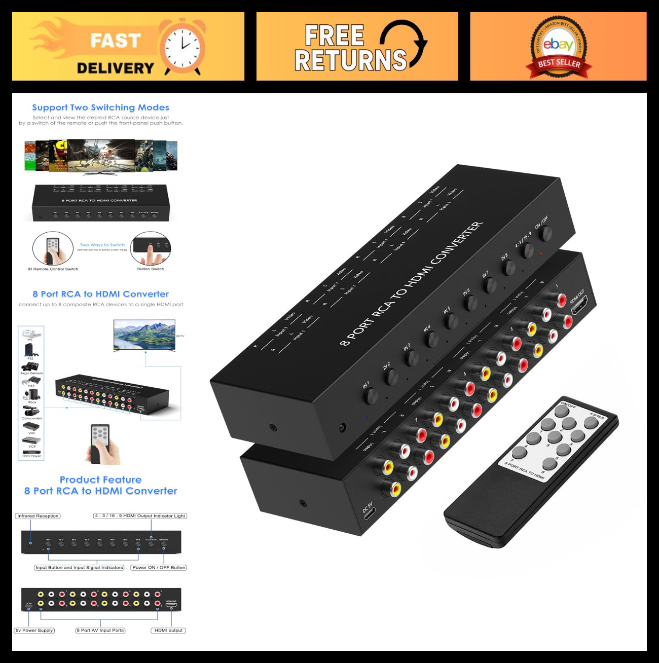 8 Port RCA to HDMI Converter, Dual AV to HDMI Converter Supports 16:9/4:3 Compos