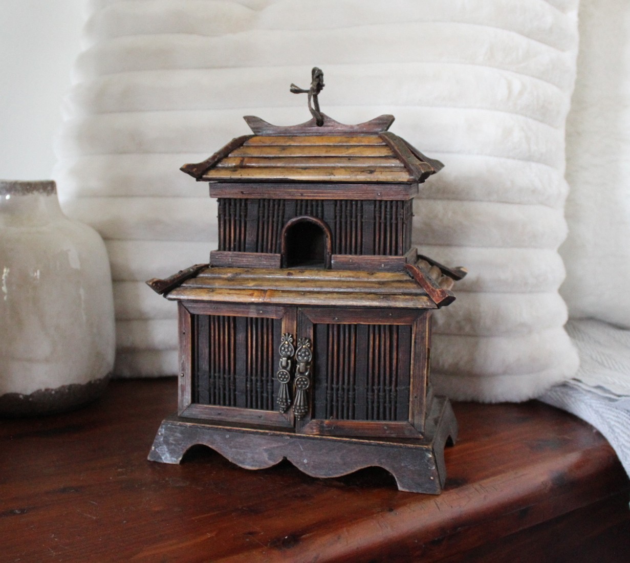 Vintage Thai Spirit House Pagoda Shrine – Split Reed Bamboo Temple, Guardian Spi
