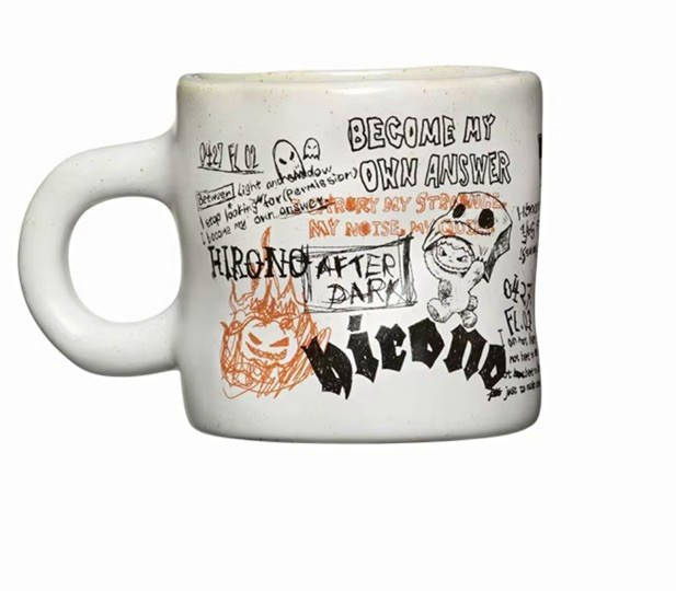 Hirono After Dark White Graffiti Painted Ceramic Mug w/ Handle, Art Theme