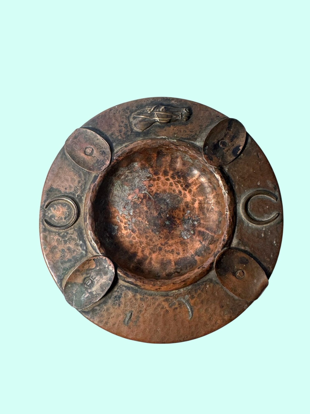 Antique Benedict Studios Hammered Copper Arts & Crafts Horse Horseshoe Ashtray