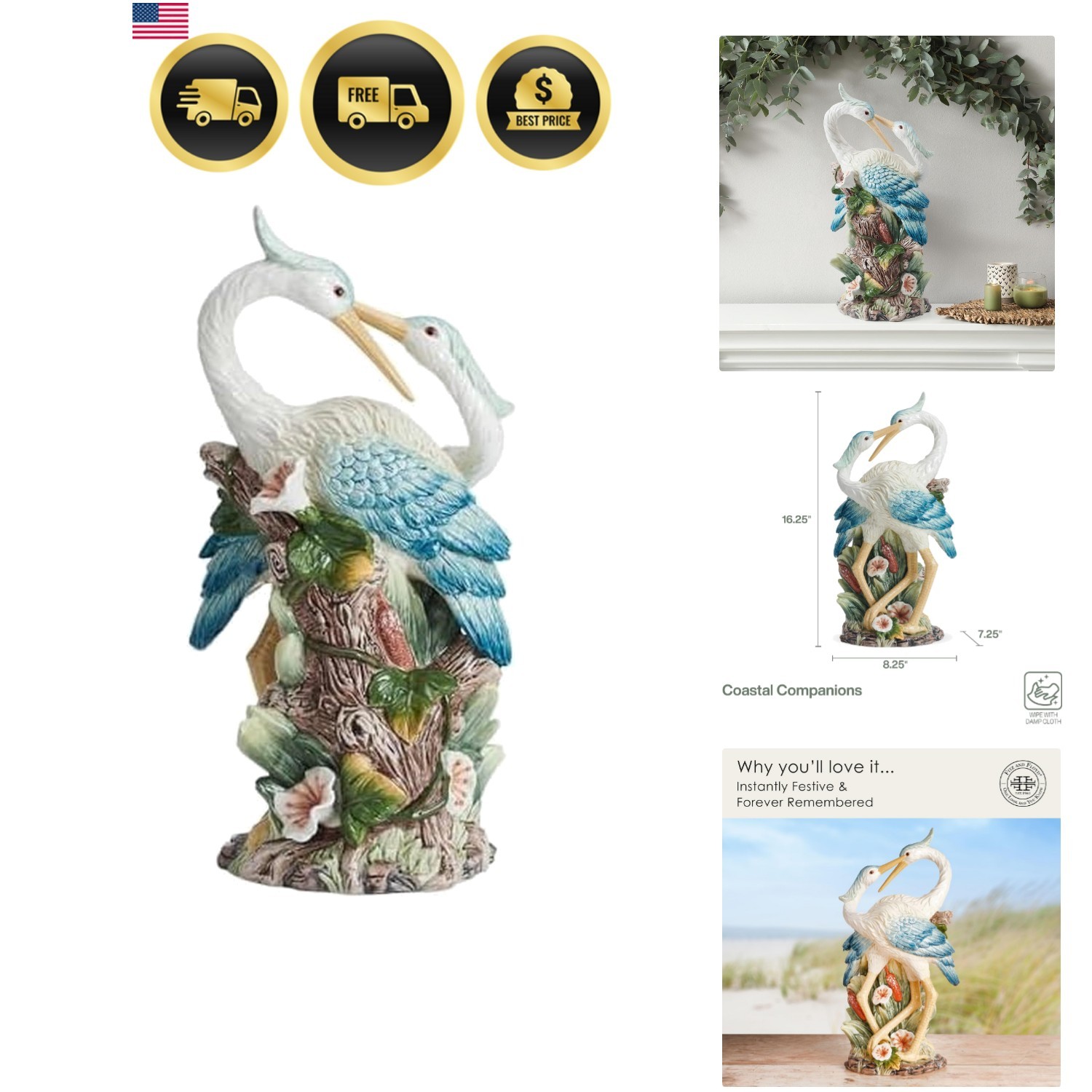 Fitz and Floyd Coastal Companion Ceramic Bird Figurine, 16.25-Inch