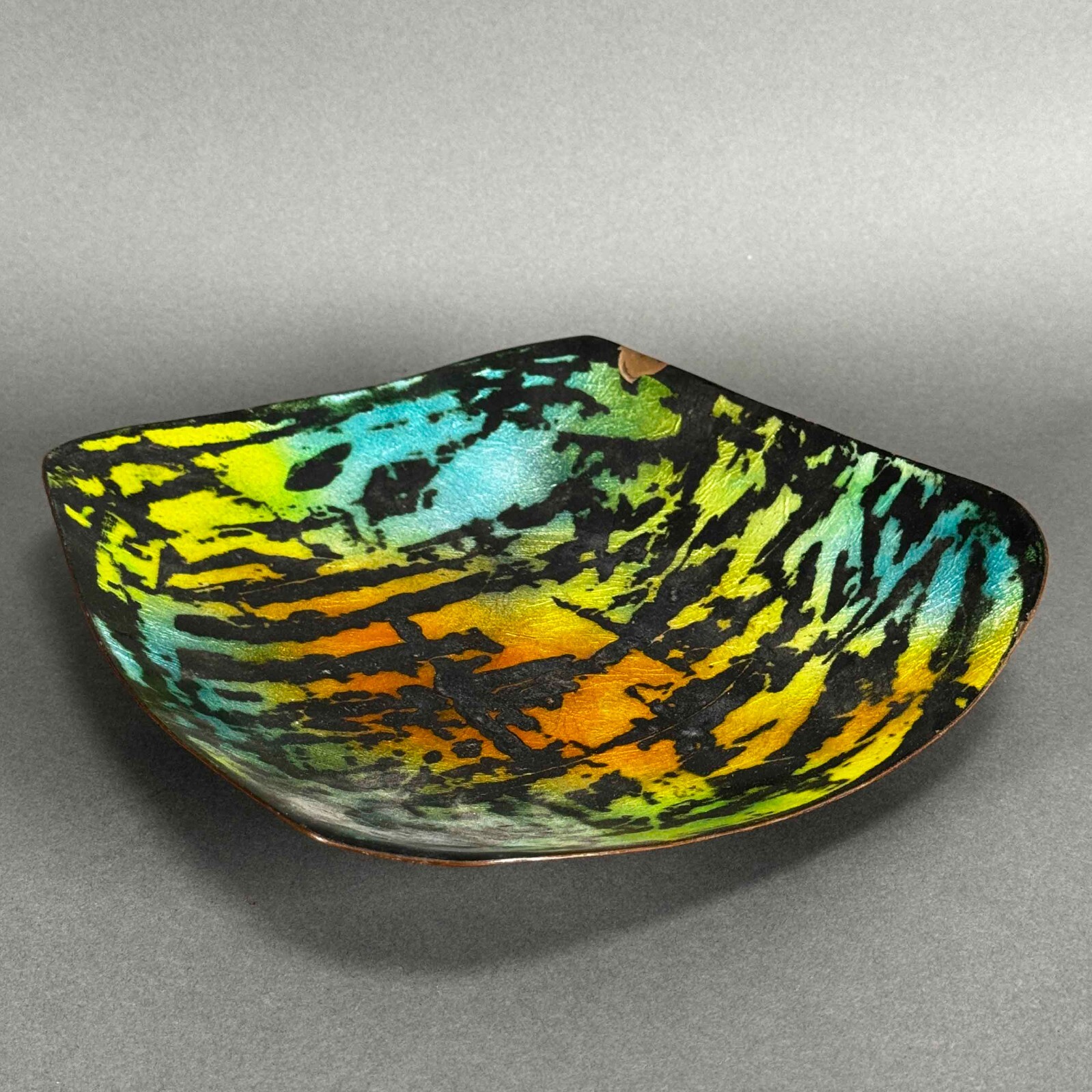 Vintage Rare 60s 70s MCM Electric Tiger Stripe Enamel On Copper Bowl Candy Dish
