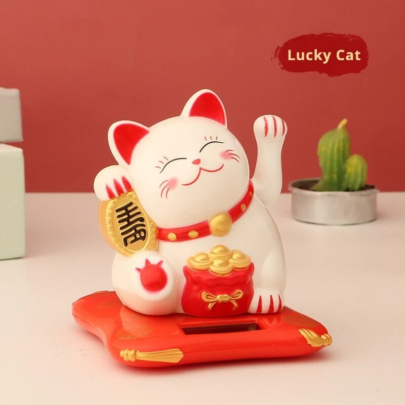 Solar Powered Lucky Beckoning Cat Waving Wealth Fortune Home Office Decor White