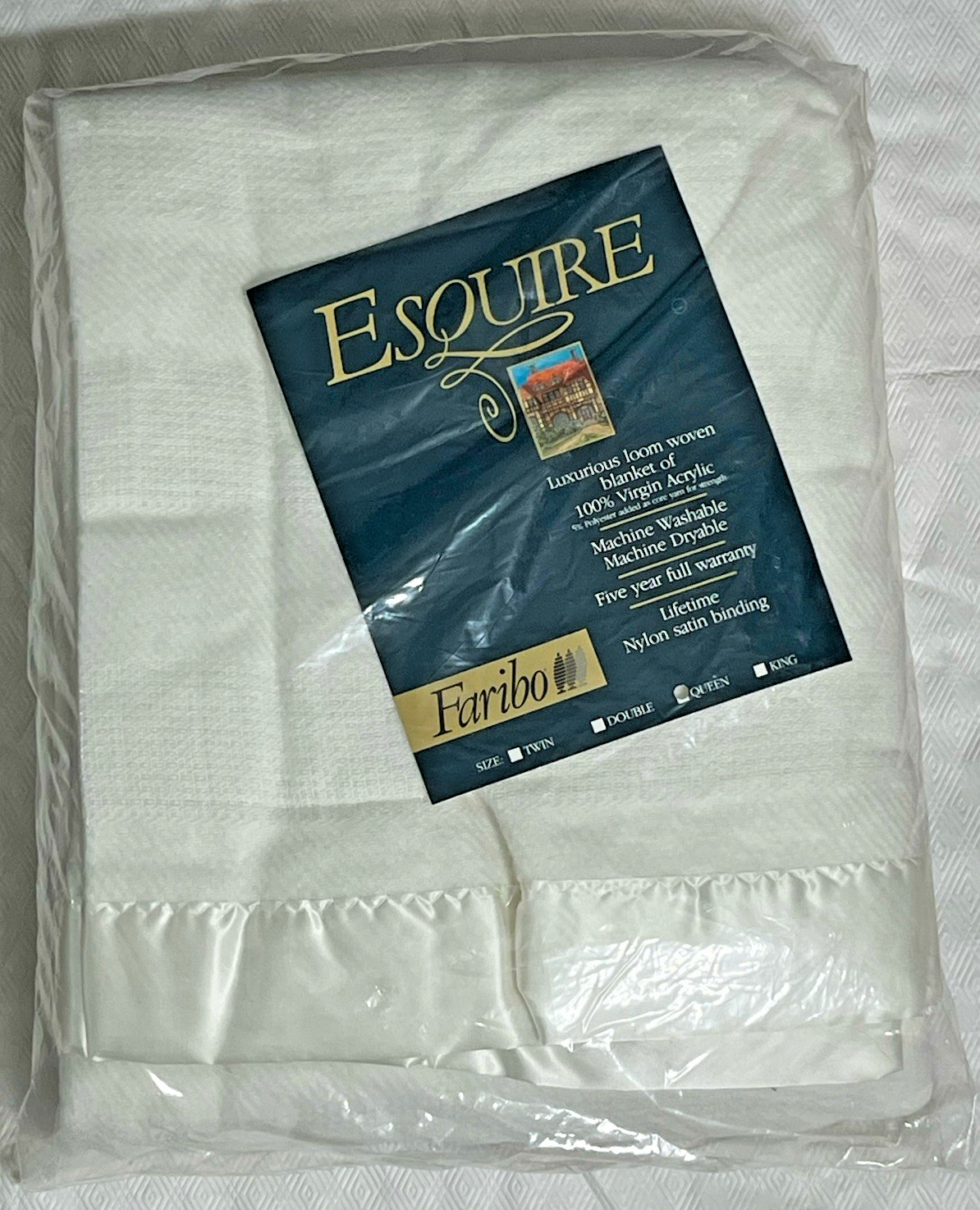 Vtg Faribo Esquire Luxurious Loom Woven Acrylic Queen Blanket White Satin Trim