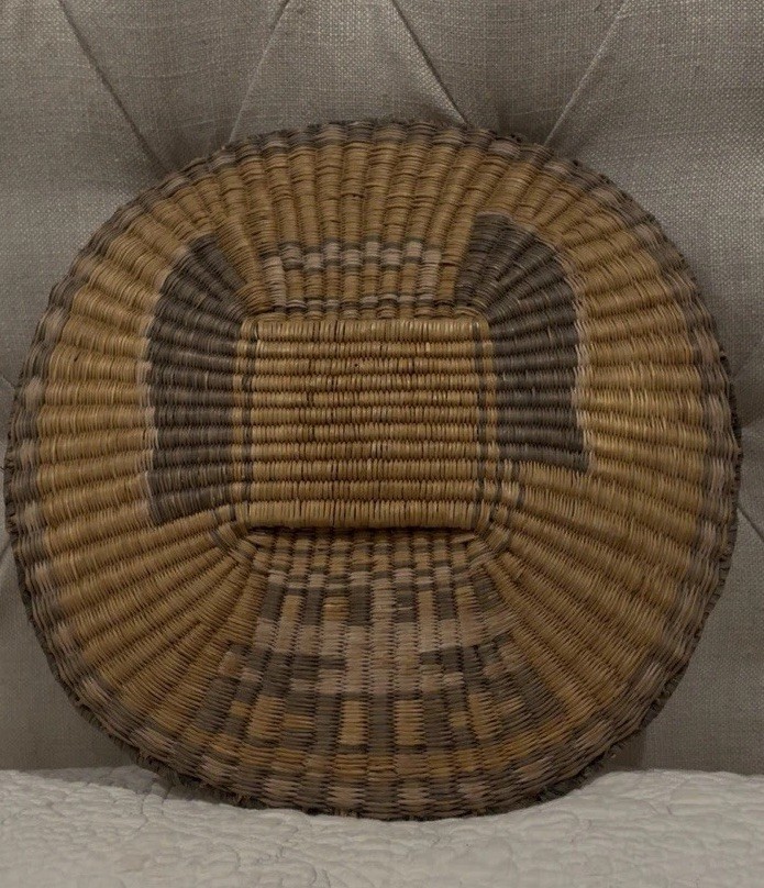 Vintage Hopi Artisan Woven 14” Tray Basket Katsinam Rim Damage Look
