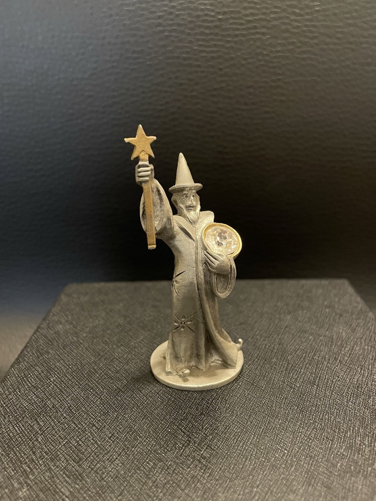 Vintage Ray Lamb Pewter Wizard Figurine Crystal & Gold Tone Star Wand 3”
