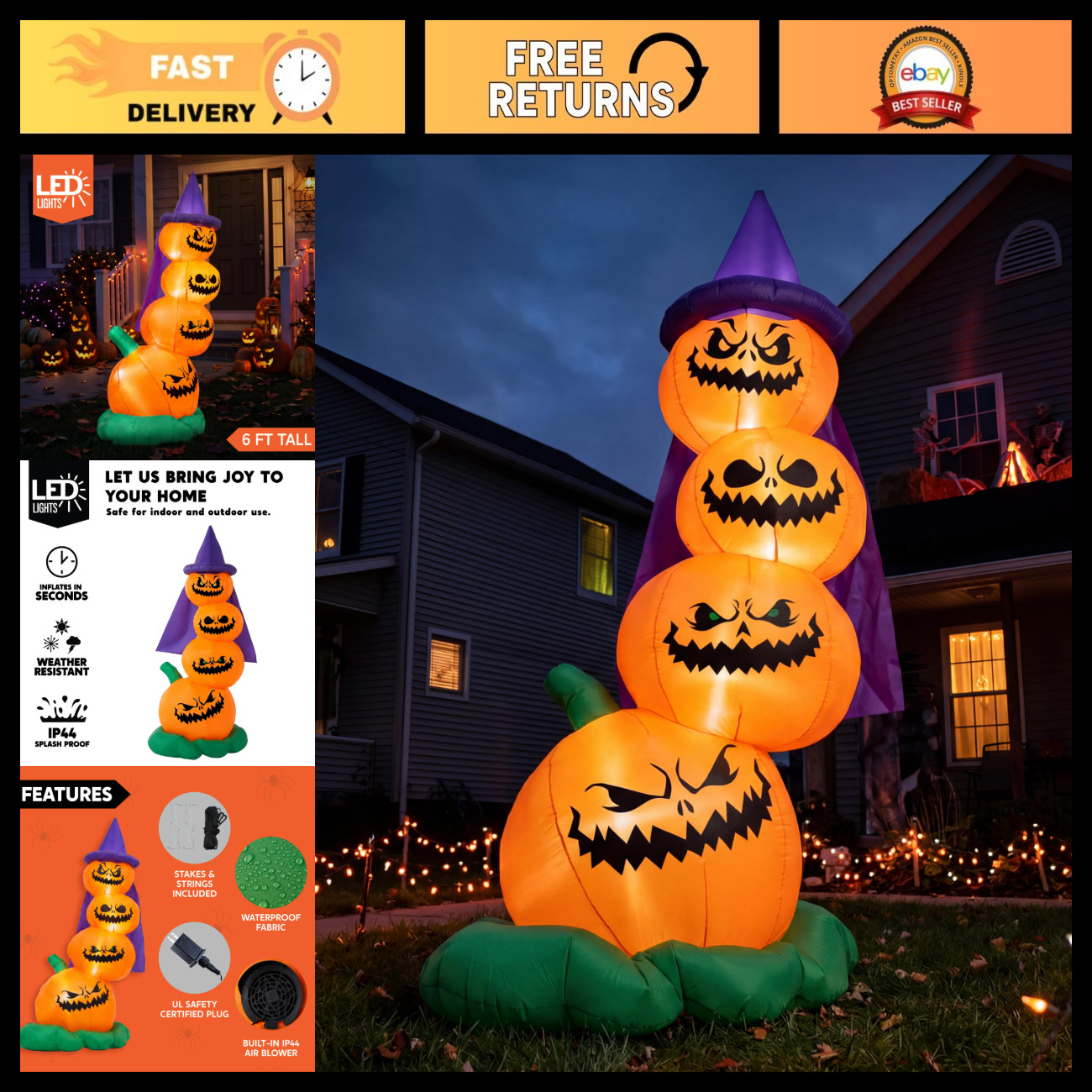 6FT Halloween Inflatable Pumpkins for Outdoor Decor, Yard Decorations, Festive D