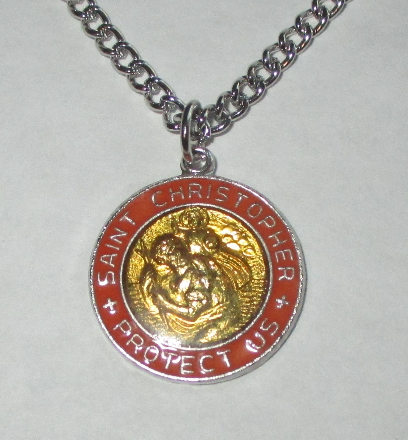 VINTAGE STERLING SILVER ENAMEL SAINT CHRISTOPHER MEDAL PENDANT CHAIN NECKLACE