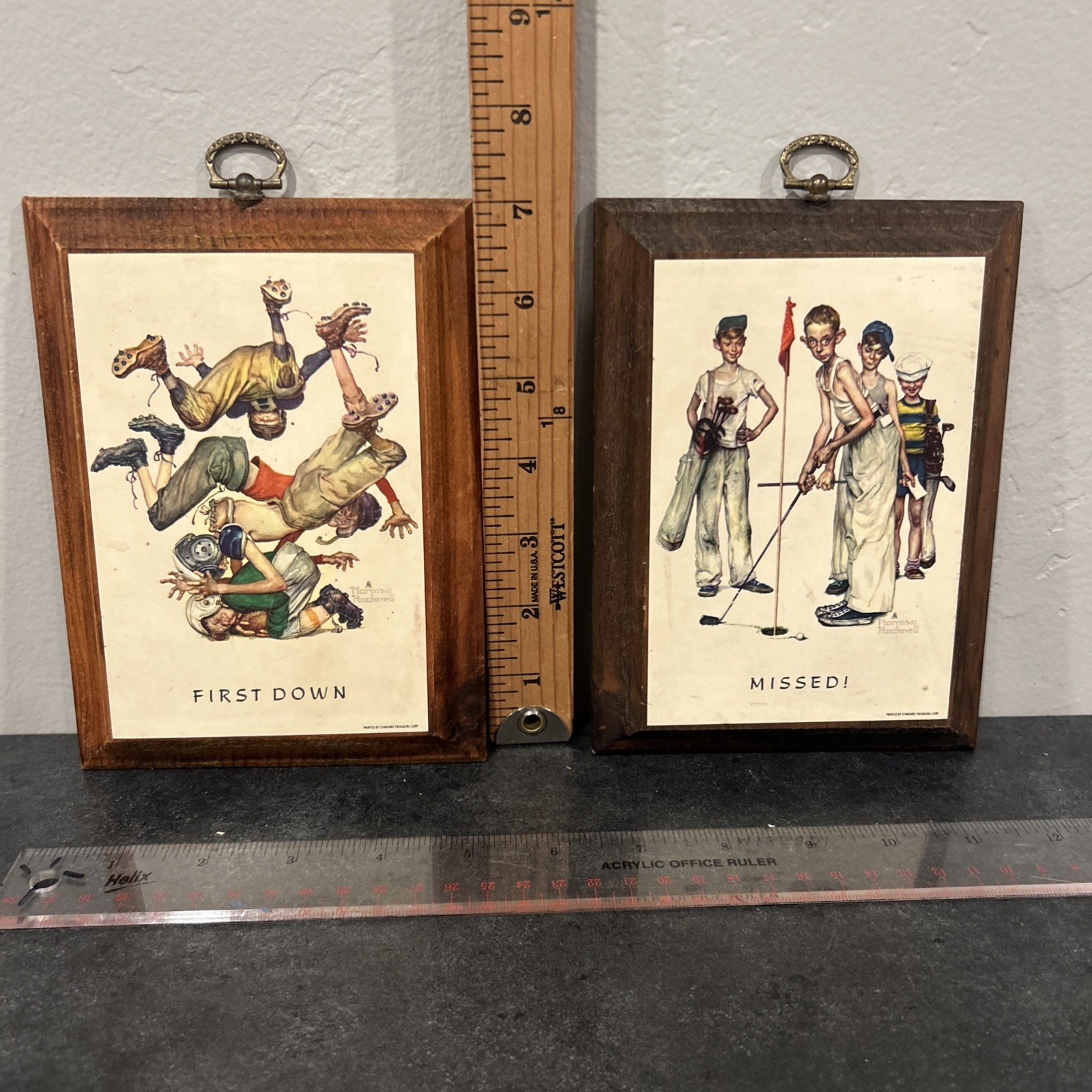Norman Rockwell Set of 2 Wood Plaques BOYS PLAYING SPORTS 5 x 7 Vtge Golf Fball