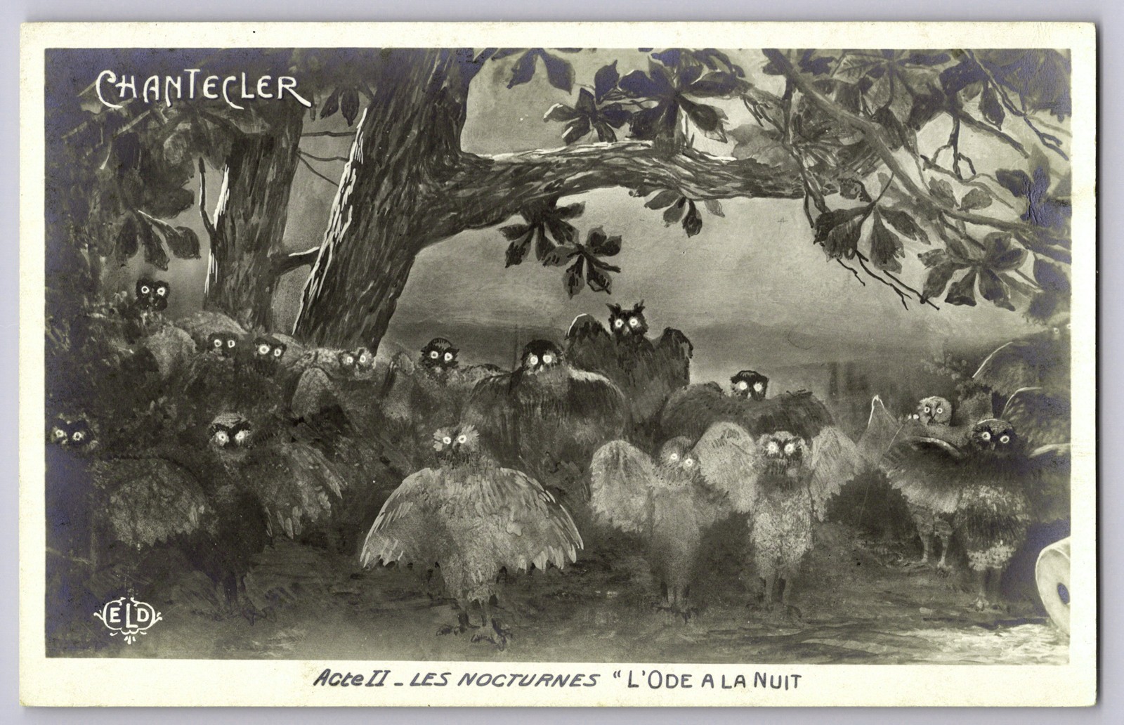 Antique Halloween RPPC Spooky Owls Creepy Glowing Eyes Moon L'Ode A La Nuit 1910