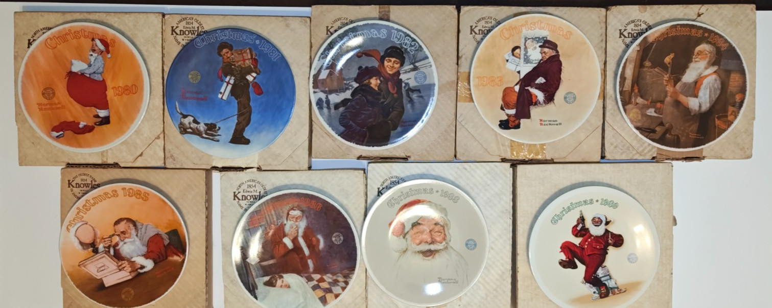 LOT OF 9 VINTAGE NORMAN ROCKWELL CHRISTMAS PLATES W/COA\'s & BOXES 1980-1989