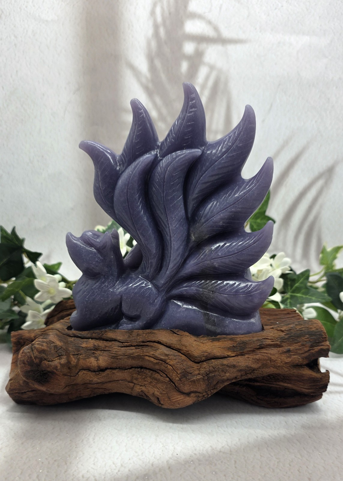 Lepidolite Nine Tailed Fox Kitsune on Natural Wood Base Purple Gemstone Carving