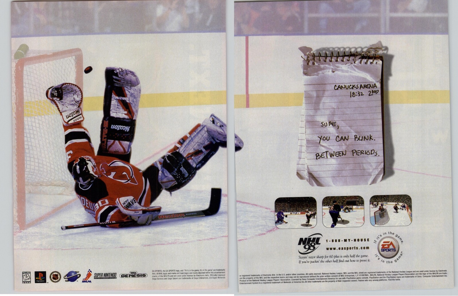 NHL 98 Sega Genesis SNES PS1 Hockey Video Game Art 1997 Vintage Print Ad Poster 