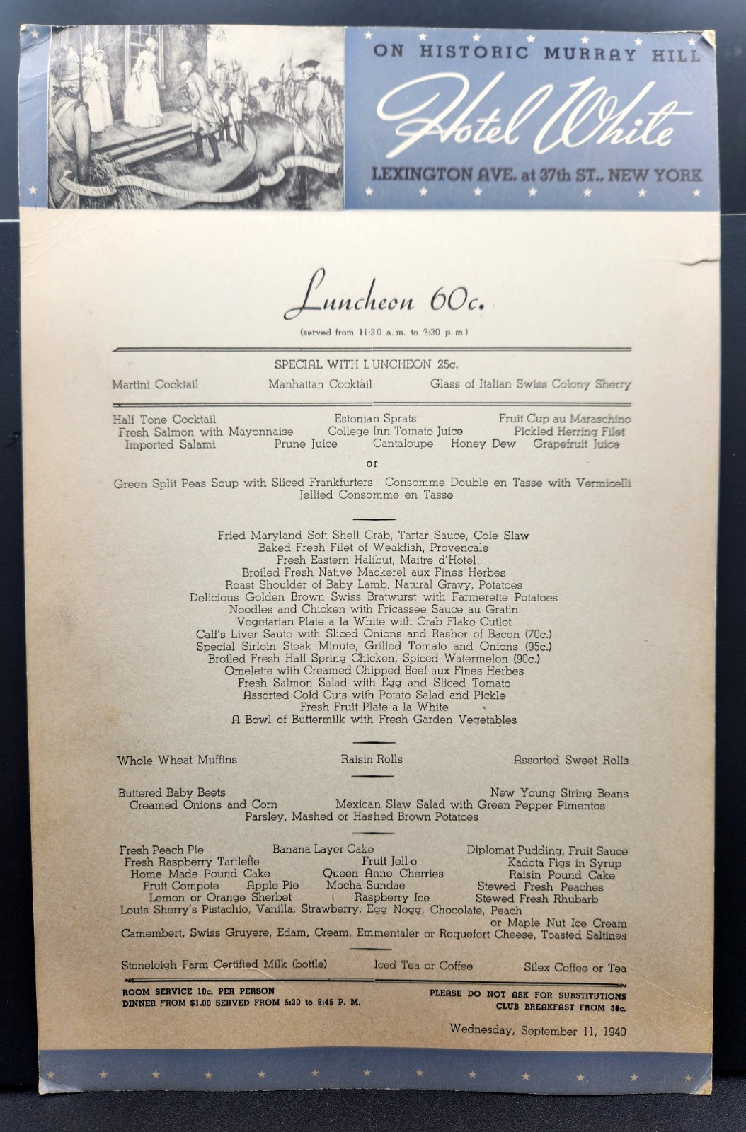 1940 Hotel White New York Luncheon Menu for Wednesday September 11th