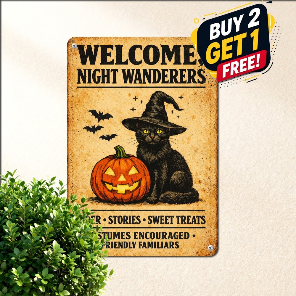 Witches Welcome Black Cat Inn Halloween Party Sign Metal Tin Plaque 8x12