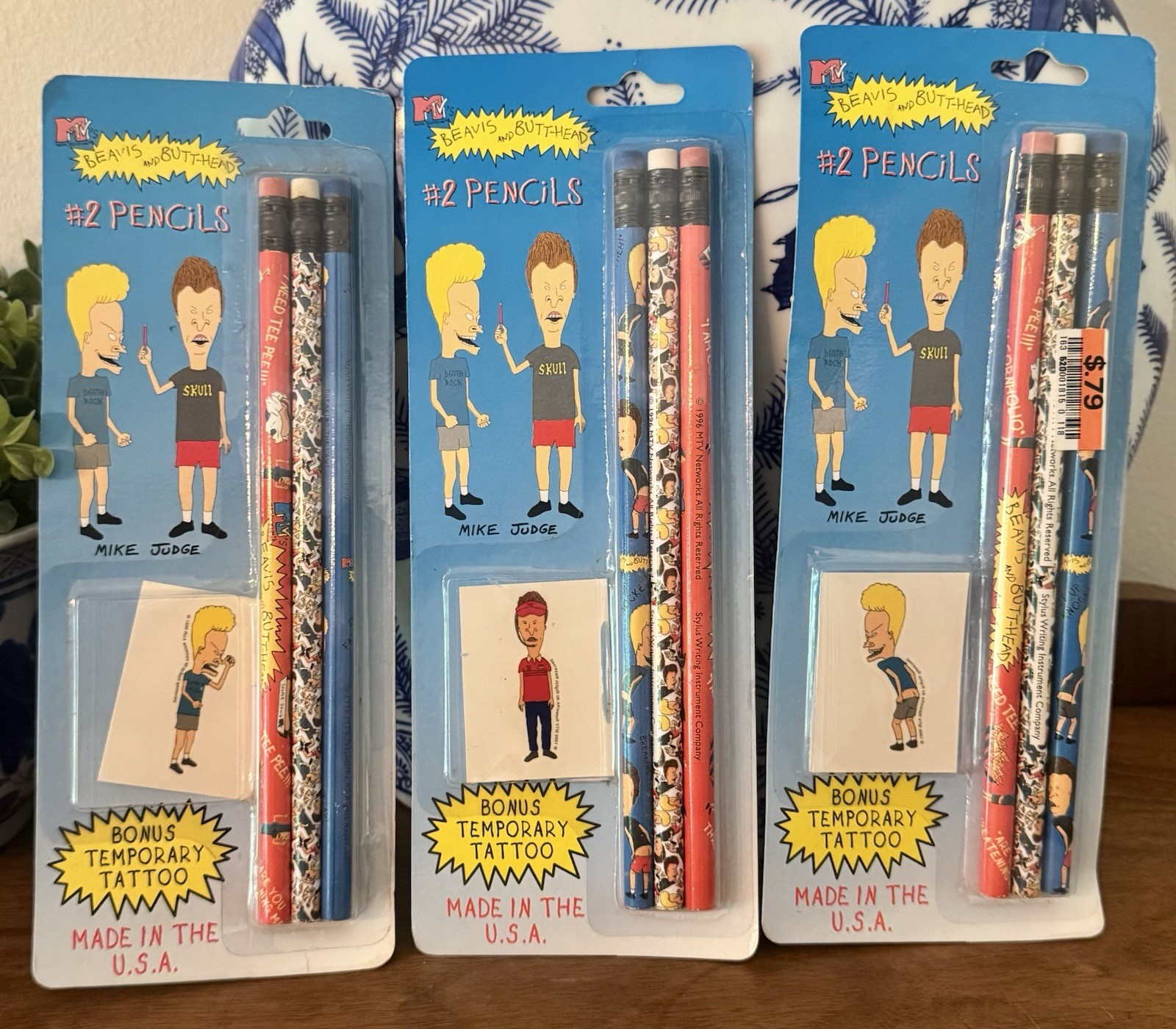 (3) Vintage 1997 MTV Beavis & Butt-Head #2 Pencil Sets – Sealed w/ Bonus Tattoo