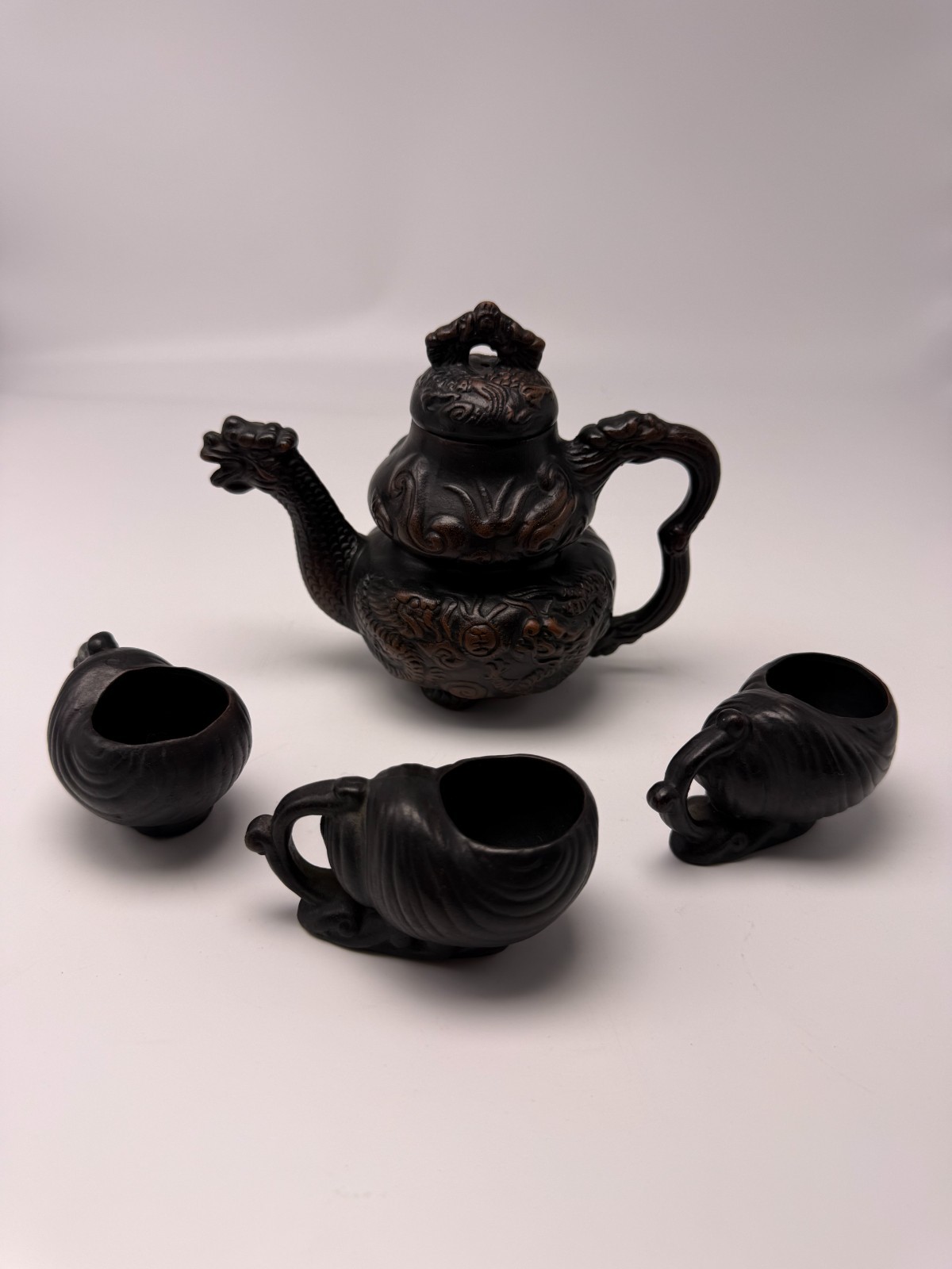 Vintage Chinese Dragon Phoenix Double Gourd Clay Teapot Tea Set 3 Cups Sealed