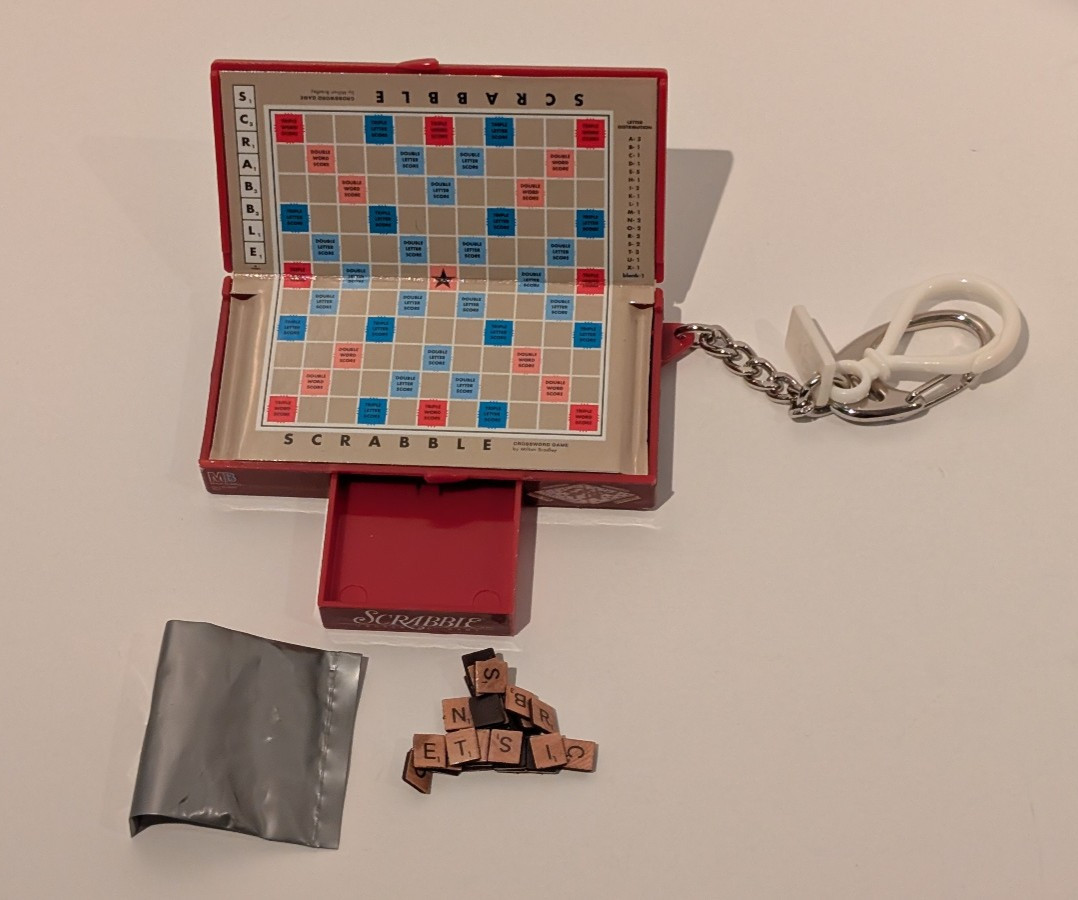 Vintage 1999 Scrabble Keychain Mini Travel Game Complete W/ Tiles Milton Bradley